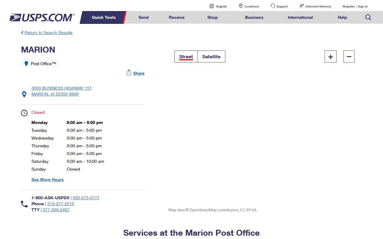 Official USPS Marion Post Office listing for ZIP code 52302